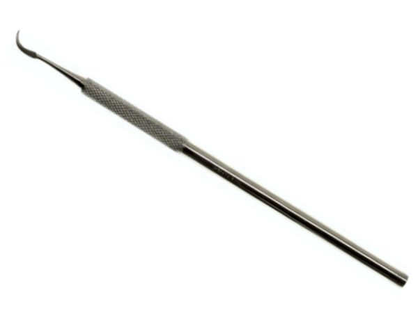 Scraper with a hardened, curved stainless steel tip.