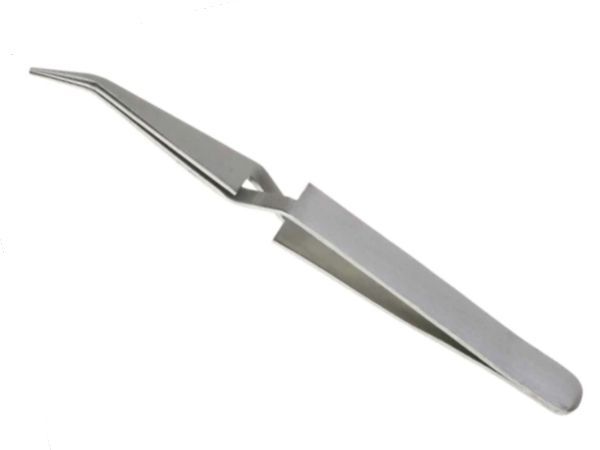 Self-locking stainless steel tweezers for hands-free gripping.